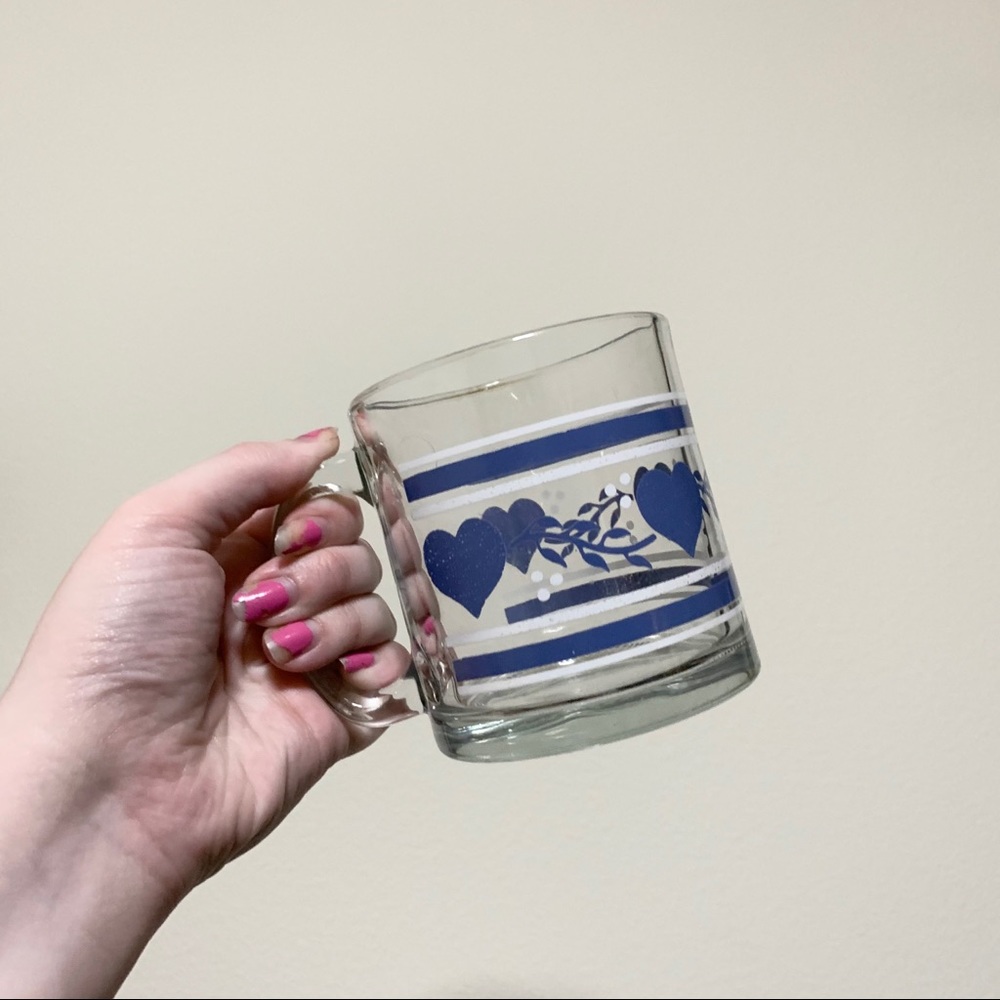 Vintage retro Cottagecore coquette glass blue heart mug